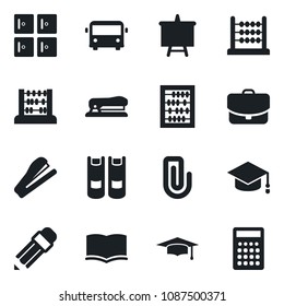 Set of vector isolated black icon - airport bus vector, checkroom, book, graduate, abacus, presentation board, paper clip, pencil, stapler, case, calculator