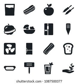 Set of vector isolated black icon - plant label vector, diet, fridge, drink, phyto bar, salad, bacon, bread, kebab, hot dog, apple fruit, fan, palm sproute