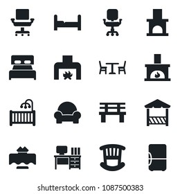 Set of vector isolated black icon - cafe vector, desk, bench, fireplace, office chair, bedroom, children room, cushioned furniture, restaurant table, alcove, fridge