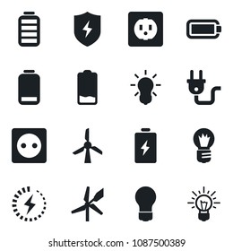 Set of vector isolated black icon - bulb vector, battery, low, protect, charge, socket, power plug, windmill, idea