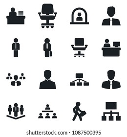 Set of vector isolated black icon - reception vector, manager, place, client, user, office chair, desk, hierarchy, company, estate agent, group