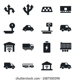 Set of vector isolated black icon - taxi vector, airport bus, route, truck trailer, car delivery, heavy scales, railroad, garage gate control, battery