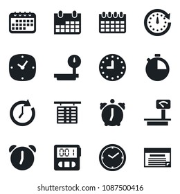 Set of vector isolated black icon - flight table vector, calendar, clock, heavy scales, alarm, stopwatch, schedule