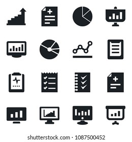 Set of vector isolated black icon - growth statistic vector, monitor, diagnosis, pulse clipboard, statistics, pie graph, checklist, point, presentation