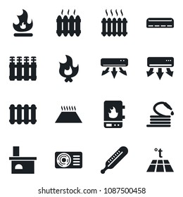 Set of vector isolated black icon - fire vector, hose, fireplace, thermometer, heater, air conditioner, water, radiator, warm floor