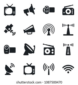 Set of vector isolated black icon - antenna vector, satellite, radio, loudspeaker, tv, video camera, wireless