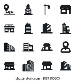 Set of vector isolated black icon - shop vector, office building, garden light, navigation, store, city house, cafe, storefront