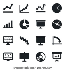 Set of vector isolated black icon - presentation board vector, crisis graph, circle chart, monitor pulse, bar, pie, point, growth