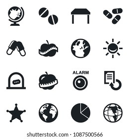 Set of vector isolated black icon - ticket office vector, globe, document reload, pills, diet, earth, pie graph, table, police, alarm led