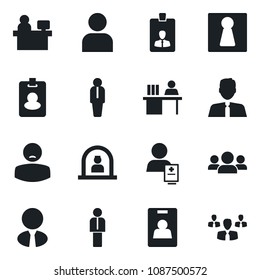 Set of vector isolated black icon - female vector, reception, manager, identity card, place, patient, user, desk, estate agent, pass, group