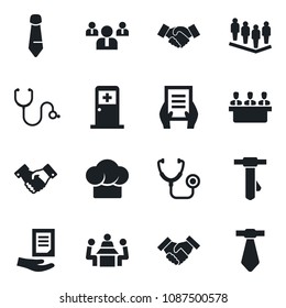Set of vector isolated black icon - medical room vector, handshake, team, tie, document, stethoscope, meeting, cook hat