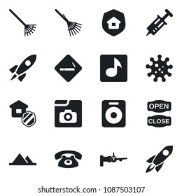 Set of vector isolated black icon - smoking place vector, boarding, rake, syringe, virus, speaker, music, photo gallery, mountains, phone, estate insurance, open close, rocket