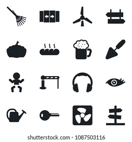Set of vector isolated black icon - barrier vector, automatic door, signpost, baby, trowel, rake, watering can, pumpkin, eye, headphones, windmill, key, beer, bread, fan, guidepost