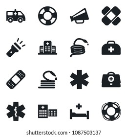 Set of vector isolated black icon - hose vector, doctor case, patch, ambulance star, car, hospital bed, loudspeaker, torch, crisis management