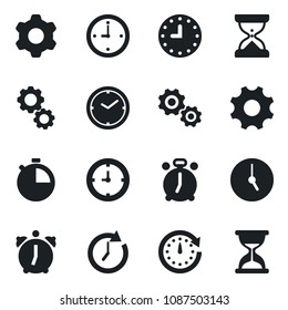 Set of vector isolated black icon - alarm clock vector, settings, stopwatch, gear, sand
