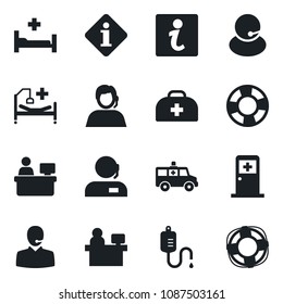 Set of vector isolated black icon - medical room vector, manager place, doctor case, dropper, ambulance car, hospital bed, support, information, crisis management