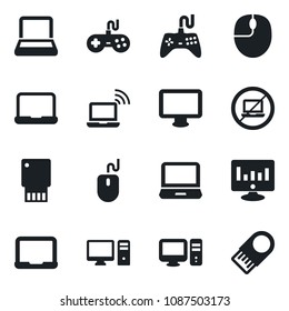 Set of vector isolated black icon - no laptop vector, wireless notebook, mouse, pc, statistic monitor, gamepad, usb flash