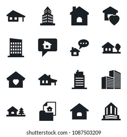 Set of vector isolated black icon - house vector, office building, with garage, tree, estate document, sweet home, city, message