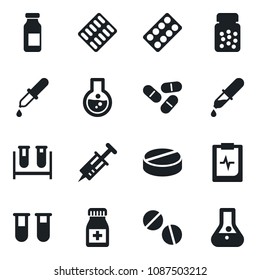 Set of vector isolated black icon - syringe vector, blood test vial, dropper, pills, bottle, blister, ampoule, pulse clipboard, flask