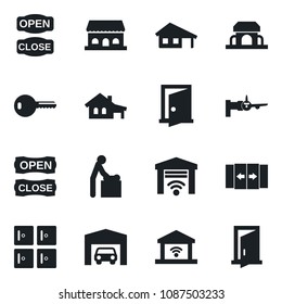 Set of vector isolated black icon - automatic door vector, baby room, boarding, checkroom, house with garage, key, cafe building, open close, gate control