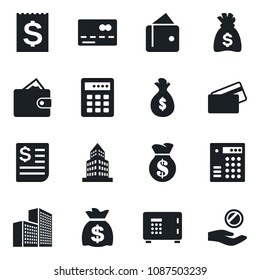 Set of vector isolated black icon - credit card vector, safe, money bag, receipt, office building, combination lock, wallet, investment