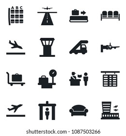 Set of vector isolated black icon - airport tower vector, runway, departure, arrival, baggage conveyor, trolley, passport control, security gate, waiting area, ladder car, boarding, seat map