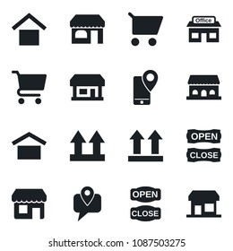 Set of vector isolated black icon - shop vector, store, mobile tracking, warehouse storage, up side sign, cafe building, open close, cart, storefront