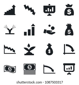 Set of vector isolated black icon - growth statistic vector, money bag, crisis graph, irrigation, investment, cash, presentation