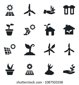 Set of vector isolated black icon - seedling vector, sproute, sun panel, windmill, eco house, water filter, palm