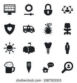 Set of vector isolated black icon - manager vector, office chair, plant label, monitor pulse, ambulance car, heart shield, implant, virus, brightness, lock, hr, mailbox, beer, alarm led