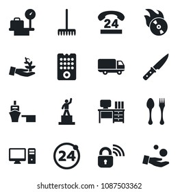 Set of vector isolated black icon - spoon and fork vector, 24 around, luggage scales, pedestal, desk, rake, hours, car delivery, sea port, flame disk, knife, wireless lock, remote control, pc