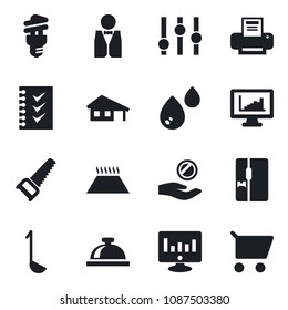 Set of vector isolated black icon - reception bell vector, statistic monitor, saw, settings, statistics, checklist, printer, house with garage, fridge, waiter, ladle, water, warm floor, investment