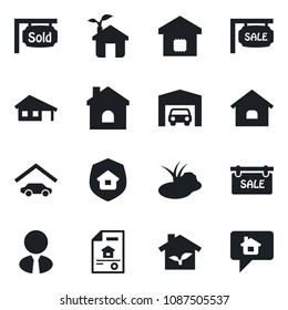 Set of vector isolated black icon - house vector, pond, with garage, estate document, sale, sold signboard, agent, smart home, insurance, eco, message