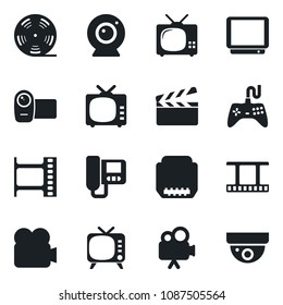 Set of vector isolated black icon - clapboard vector, film frame, reel, tv, gamepad, video camera, hdmi, web, intercome, surveillance