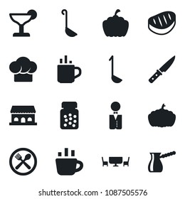 Set of vector isolated black icon - hot cup vector, coffee, pumpkin, pills bottle, waiter, cafe, cook hat, cocktail, building, table, steak, ladle, knife, turkish
