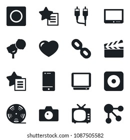 Set of vector isolated black icon - camera vector, clapboard, reel, microphone, tv, cell phone, chain, favorites list, heart, rec button, rca, record, social media