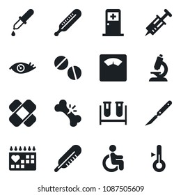 Set of vector isolated black icon - medical room vector, syringe, blood test vial, dropper, thermometer, microscope, scales, pills, scalpel, patch, disabled, eye, broken bone, calendar
