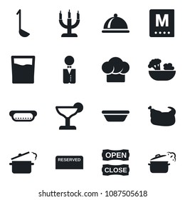 Set of vector isolated black icon - waiter vector, dish, cook hat, menu, reserved, drink, cocktail, salad, candle, open close, chicken, hot dog, ladle, bowl, steaming pan