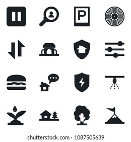 Set of vector isolated black icon - parking vector, tree, vinyl, pause button, protect, tuning, data exchange, house with, cafe building, hamburger, irrigation, home, sprinkler, message, motivation