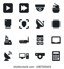 Set of vector isolated black icon - calculator vector, notebook pc, satellite antenna, radio phone, play button, fast forward, face id, copier, chip, router, web camera, usb flash, surveillance