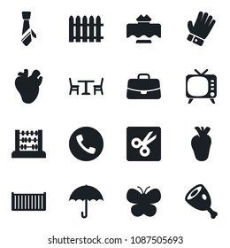 Set of vector isolated black icon - cafe vector, phone, case, abacus, fence, glove, butterfly, real heart, cargo container, umbrella, tv, cut, tie, restaurant table, ham