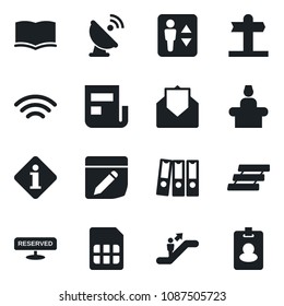 Set of vector isolated black icon - elevator vector, escalator, reception, book, signpost, satellite antenna, mail, sim, notes, wireless, news, paper binder, tray, reserved, information, pass card