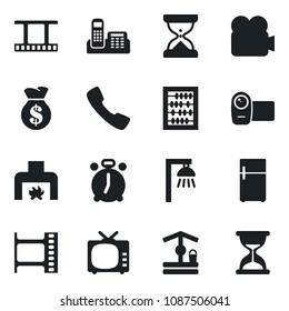 Set of vector isolated black icon - alarm clock vector, abacus, well, film frame, tv, video camera, call, office phone, fireplace, outdoor lamp, fridge, money bag, sand