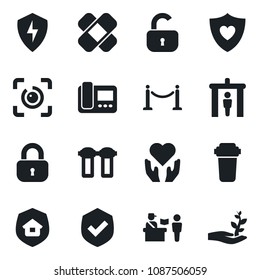 Set of vector isolated black icon - fence vector, passport control, security gate, patch, heart shield, hand, protect, eye id, lock, estate insurance, intercome, water filter, palm sproute