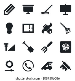 Set of vector isolated black icon - ladder car vector, presentation board, bulb, job, pencil, garden fork, rake, satellite, brightness, fingerprint id, cellular signal, plan, phone, rolling pin