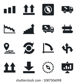 Set of vector isolated black icon - signpost vector, growth statistic, crisis graph, route, navigation, up side sign, sorting, download, compass, update, moving, presentation