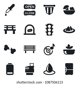 Set of vector isolated black icon - ticket office vector, pennant, water drop, bench, dropper, broken bone, traffic light, low battery, music, copier, serviette, salad, open close, fridge