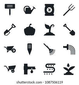 Set of vector isolated black icon - job vector, shovel, farm fork, rake, watering can, wheelbarrow, sproute, plant label, pumpkin, fertilizer, drip irrigation