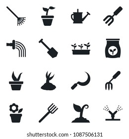 Set of vector isolated black icon - job vector, flower in pot, garden fork, farm, rake, seedling, watering can, sproute, sickle, fertilizer, irrigation