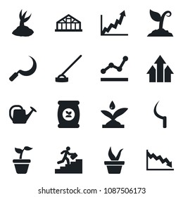 Set of vector isolated black icon - seedling vector, watering can, sproute, hoe, sickle, greenhouse, fertilizer, point graph, career ladder, irrigation, arrow up, growth, crisis